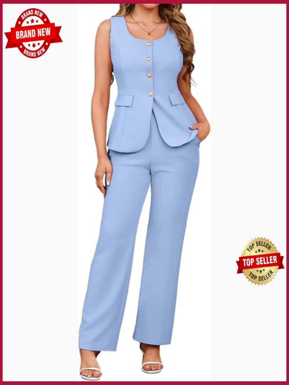 Sleeveless Blazer and Wide Leg Pants Set Business Casual 2 Piece Outfit
